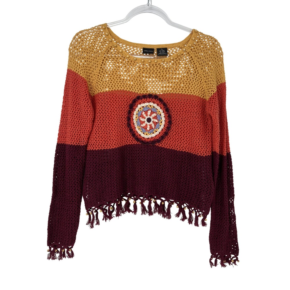 Womens Crochet Open Knit Beaded Sweater L Colorblock Fringe Boho Festival